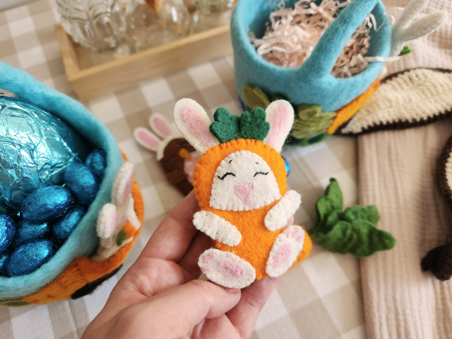 Felt Bunny Rabbit Finger Puppet with Carrot Car Easter Baskets in background