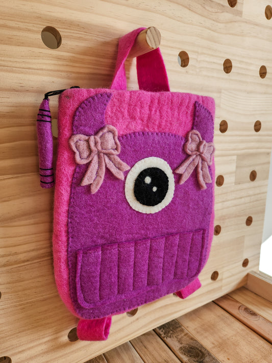 FELTED MONSTER CRAFT BAG - PINK PURPLE FRONT VIEW HANGING