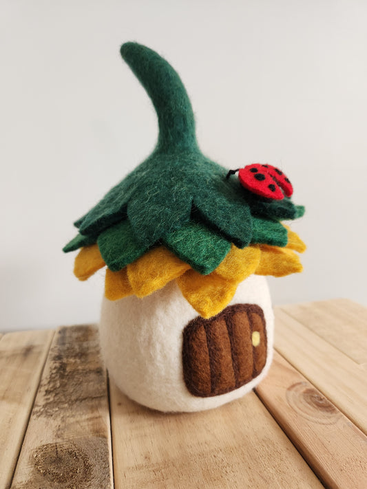 FELT FAIRY HOUSE SUNFLOWER COTTAGE - WHITE HOUSE WITH SUNFLOWER ROOFTOP
