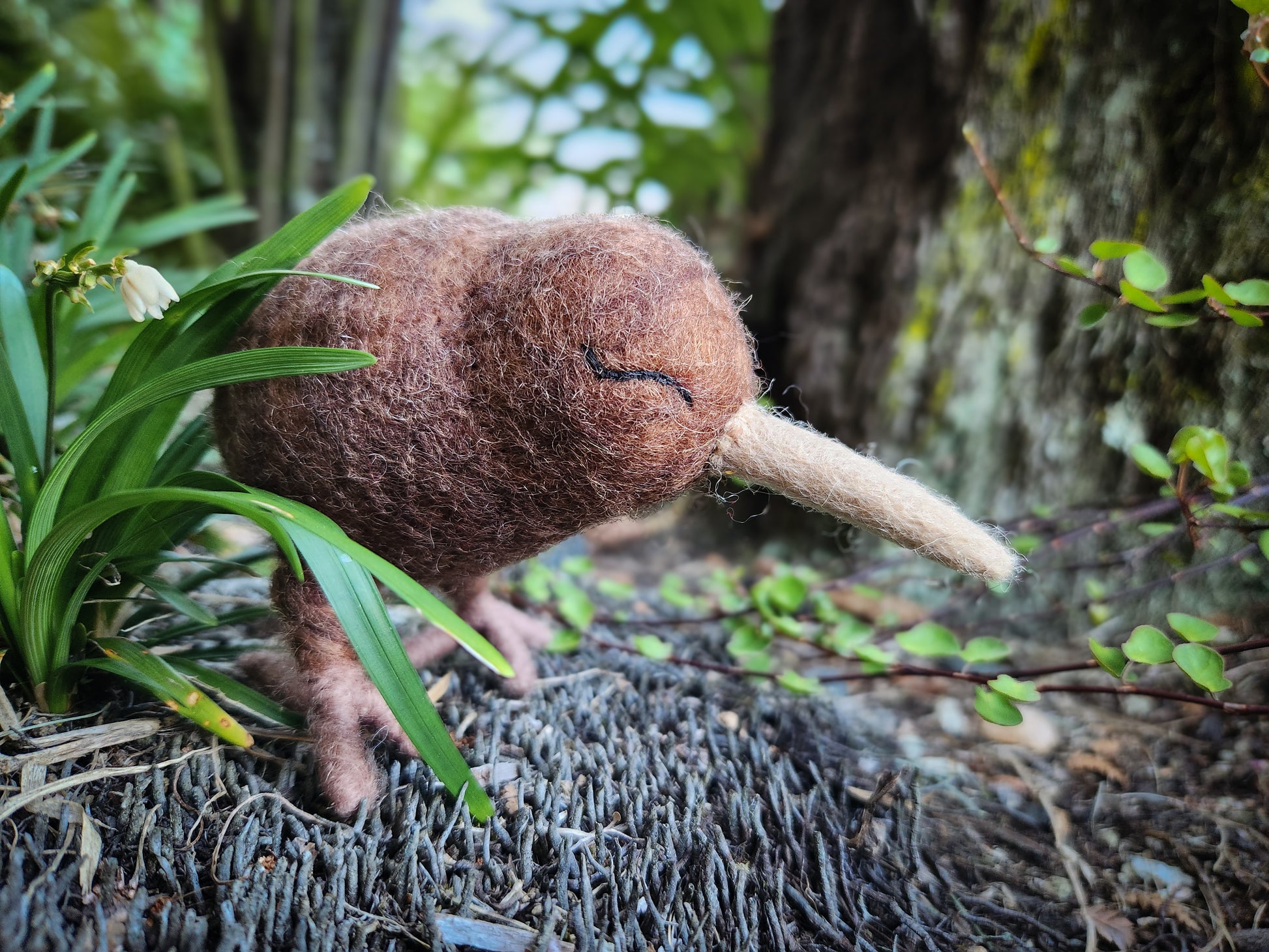 Felt Baby Kiwi Toy standing in native bush