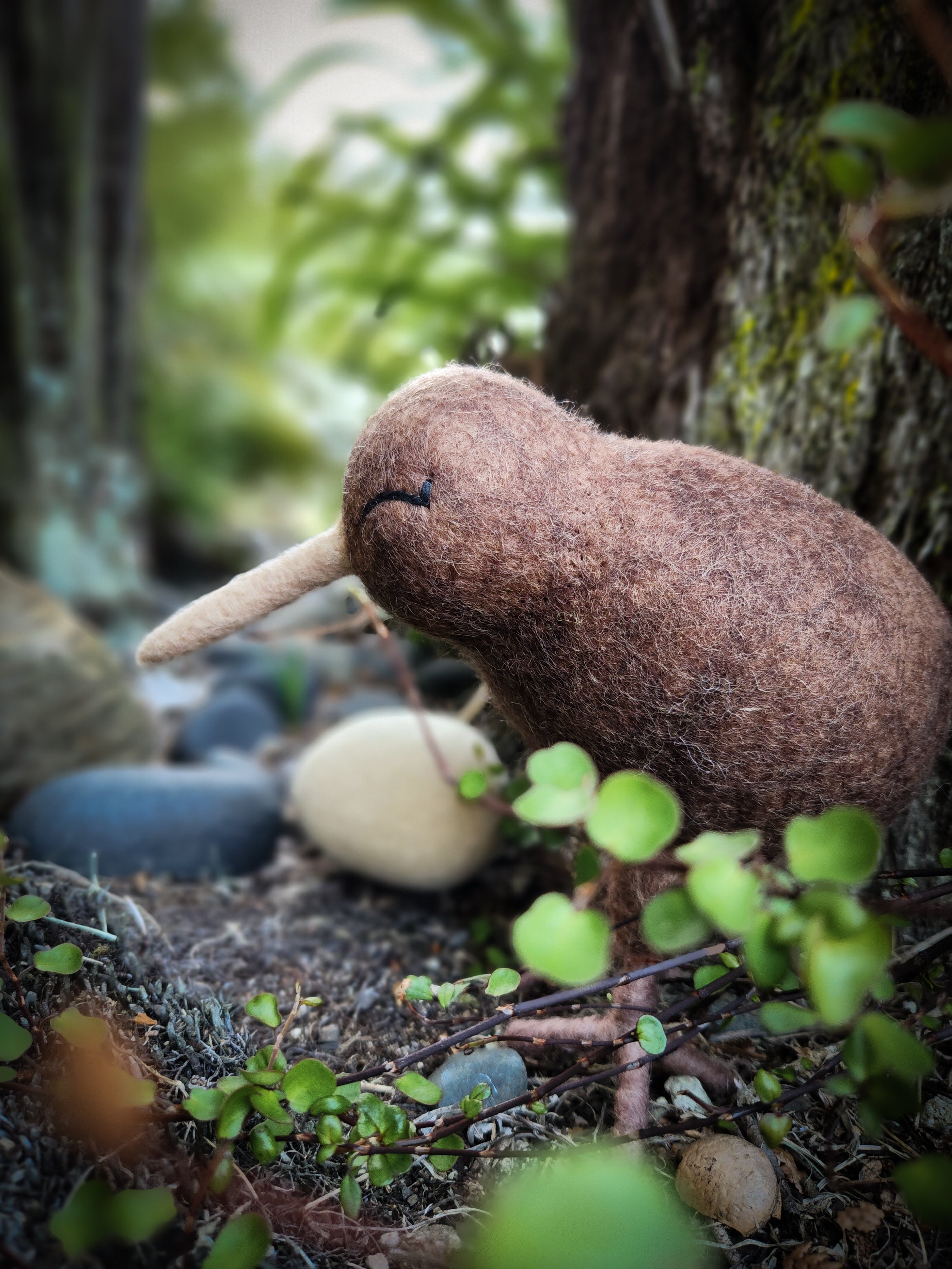 Felt Kiwi Toy and her egg in native bush