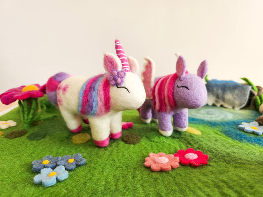 Felted White Unicorn with pink and blue hair and floral detail, felted purple pegasus with pink wings