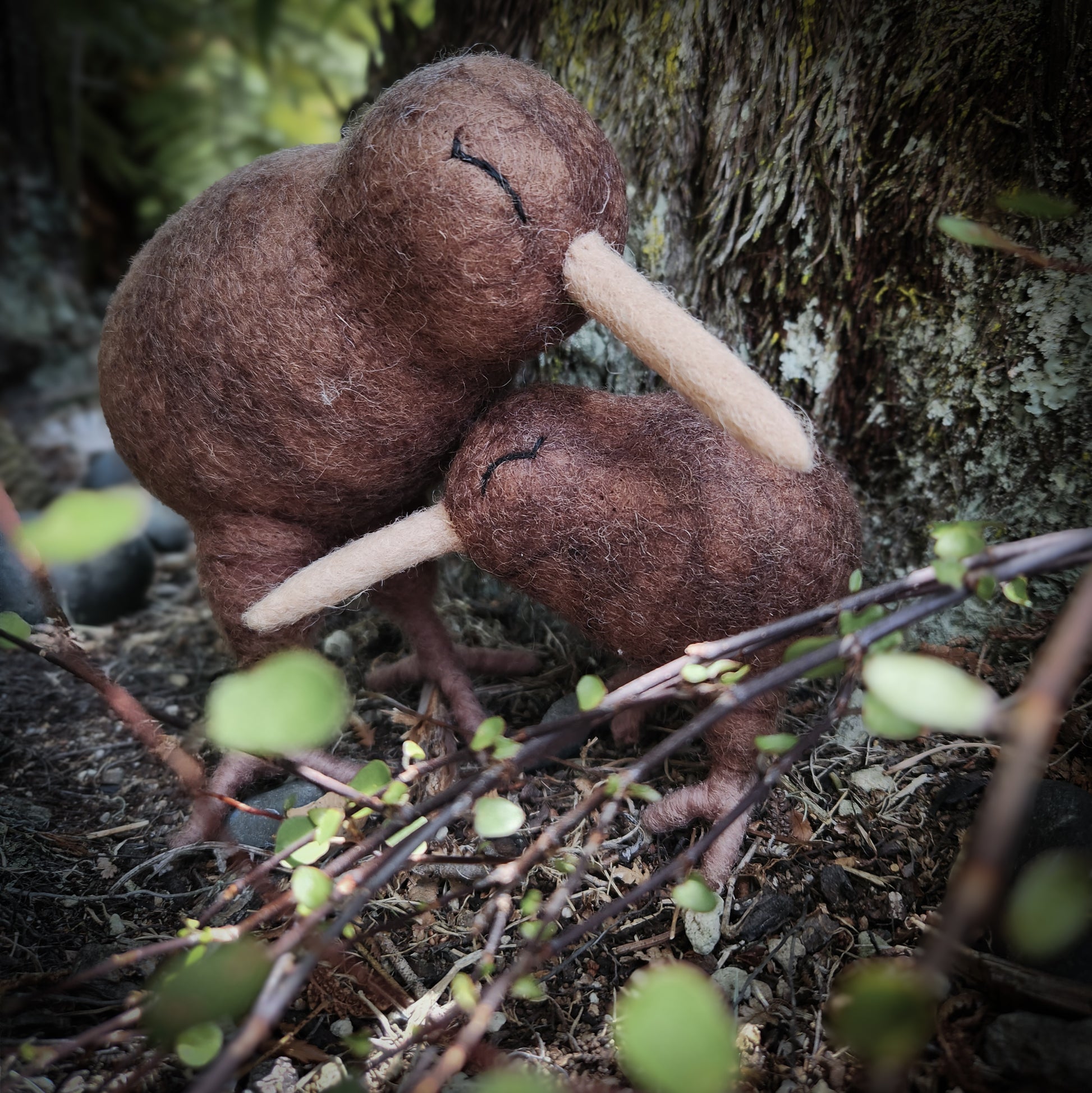 Felted kiwi family  standing in native bush