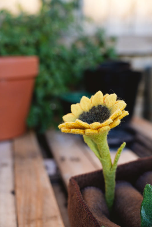 Felted  Sunflower in toy vegetable garden 
