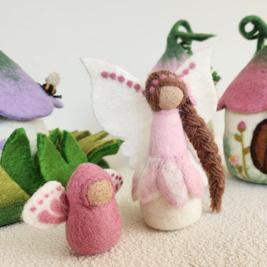 GUARDIAN ANGEL FAIRY DUSTY ROSE BABY FAIRY AND FAIRY VILLAGE  FELT FAIRY HOUSE SET UP