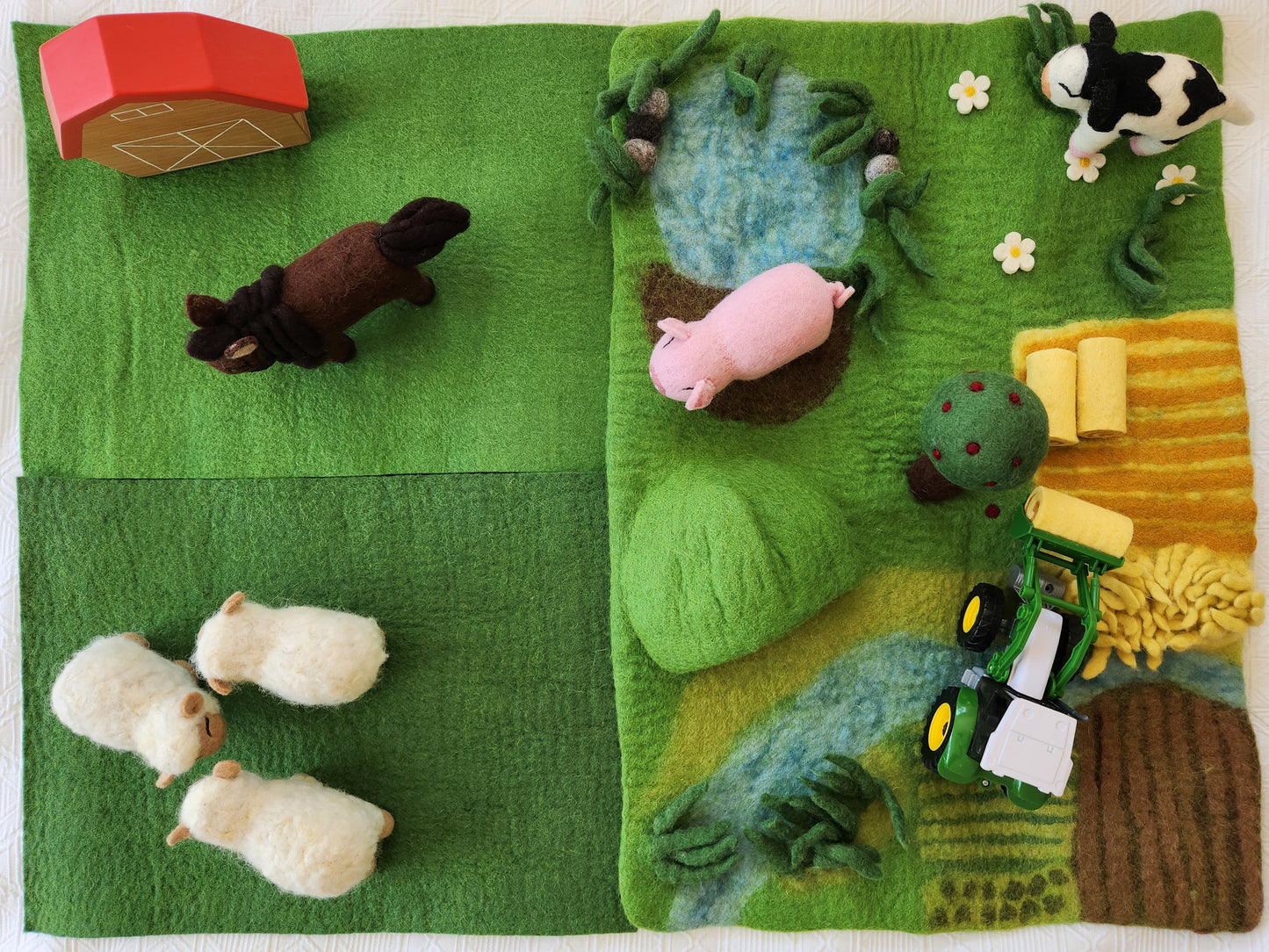 Happy Hooves - Felt Farmyard Play Mat top view with felt animals and accessories