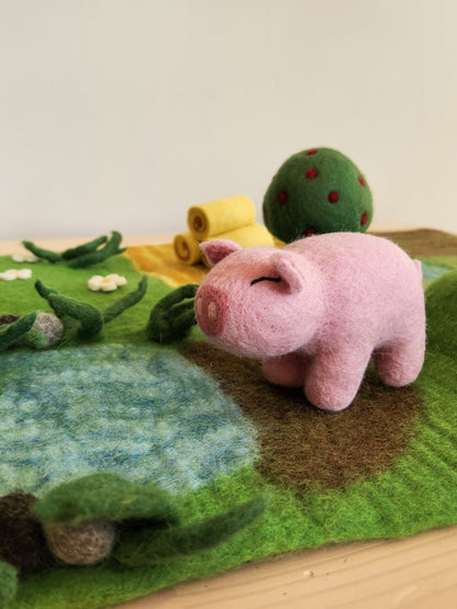 Felt Farmyard Play Mat with toy pig
