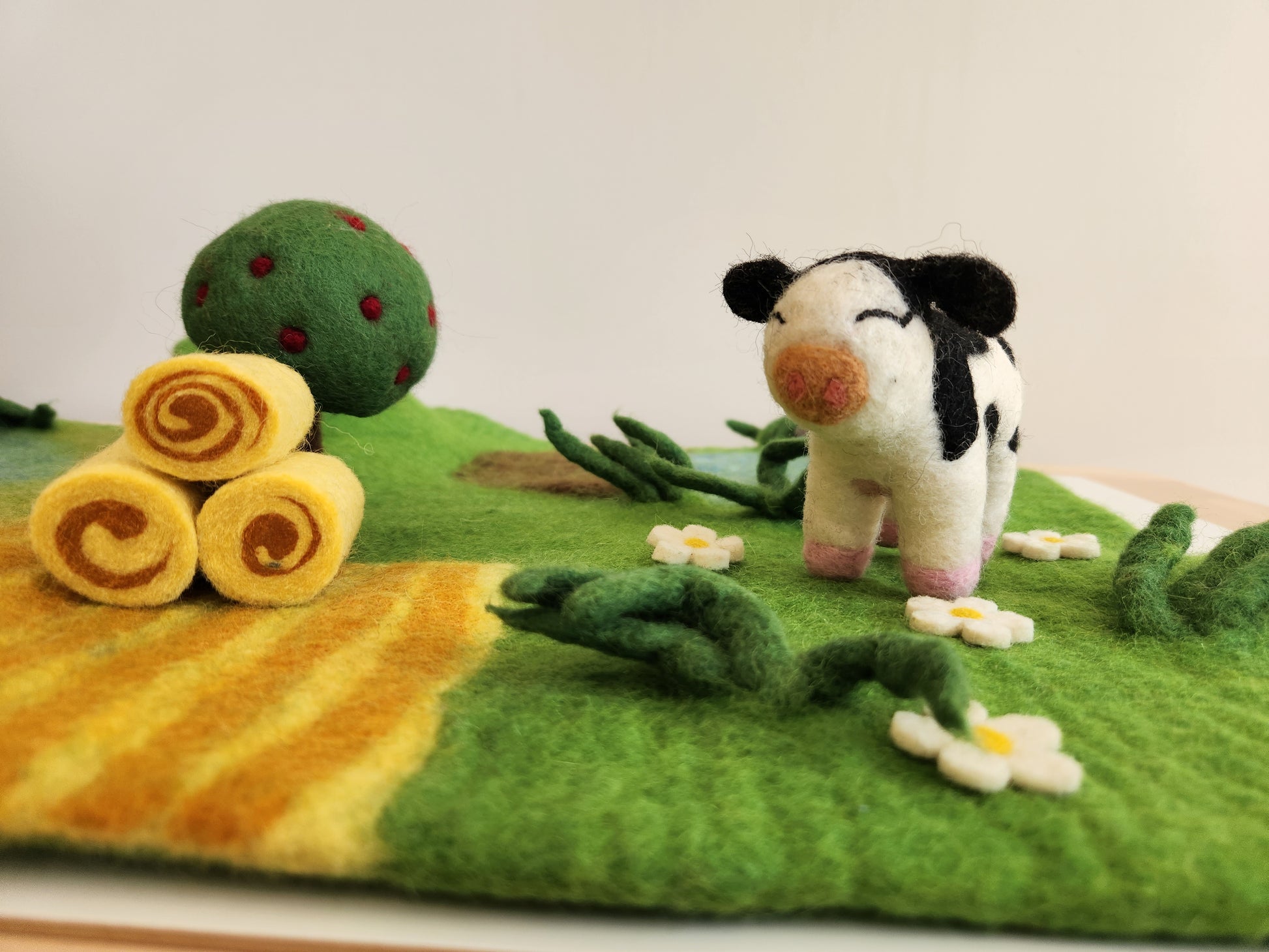 Felt farm Play Mat and Candice the Cow - felt toy cow