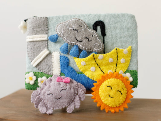 INCY WINCY SPIDER FELT FINGER PUPPET SET - SUN RAINCLOUD AND SPIDER PUPPETS WITH WATER SPOUT STORAGE POUCH