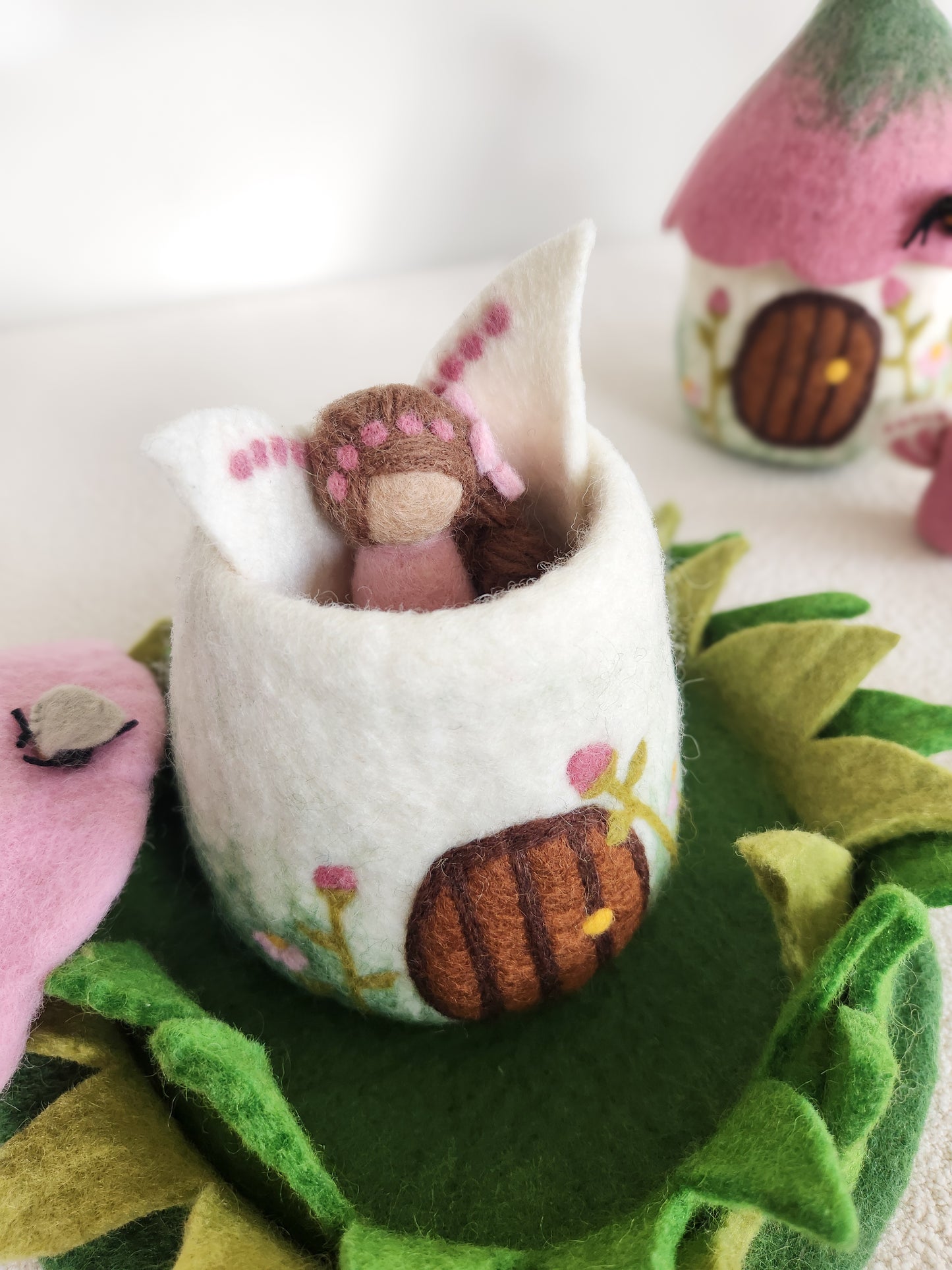 MEDIUM BELL FLOWER BUNGALOW FELT FAIRY HOUSE AND GUARDIAN ANGEL FAIRY