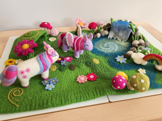 Fairy Garden and Waterfall Small World Play Mat with Felt Unicorn and Pegasus