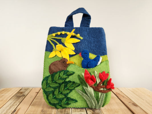NATIVE NZ BIRDS FELT FINGER PUPPET SET KIWI AND PUKEKO IN NATIVE BUSH FELT PLAYBAG