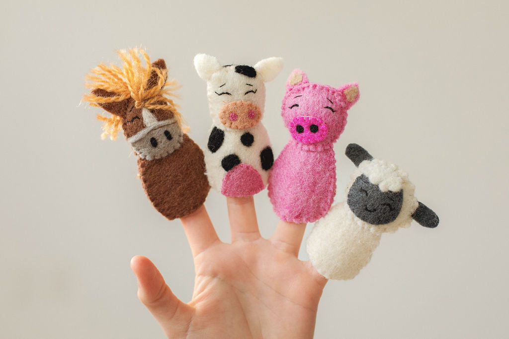 OLD MACDONALDS FARM FELT FINGER PUPPET SET - HORSE, COW, PIG AND SHEEP PUPPETS