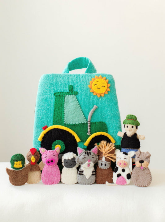 OLD MACDONALDS FARM FELT FINGER PUPPET SET AND TRACTOR BAG