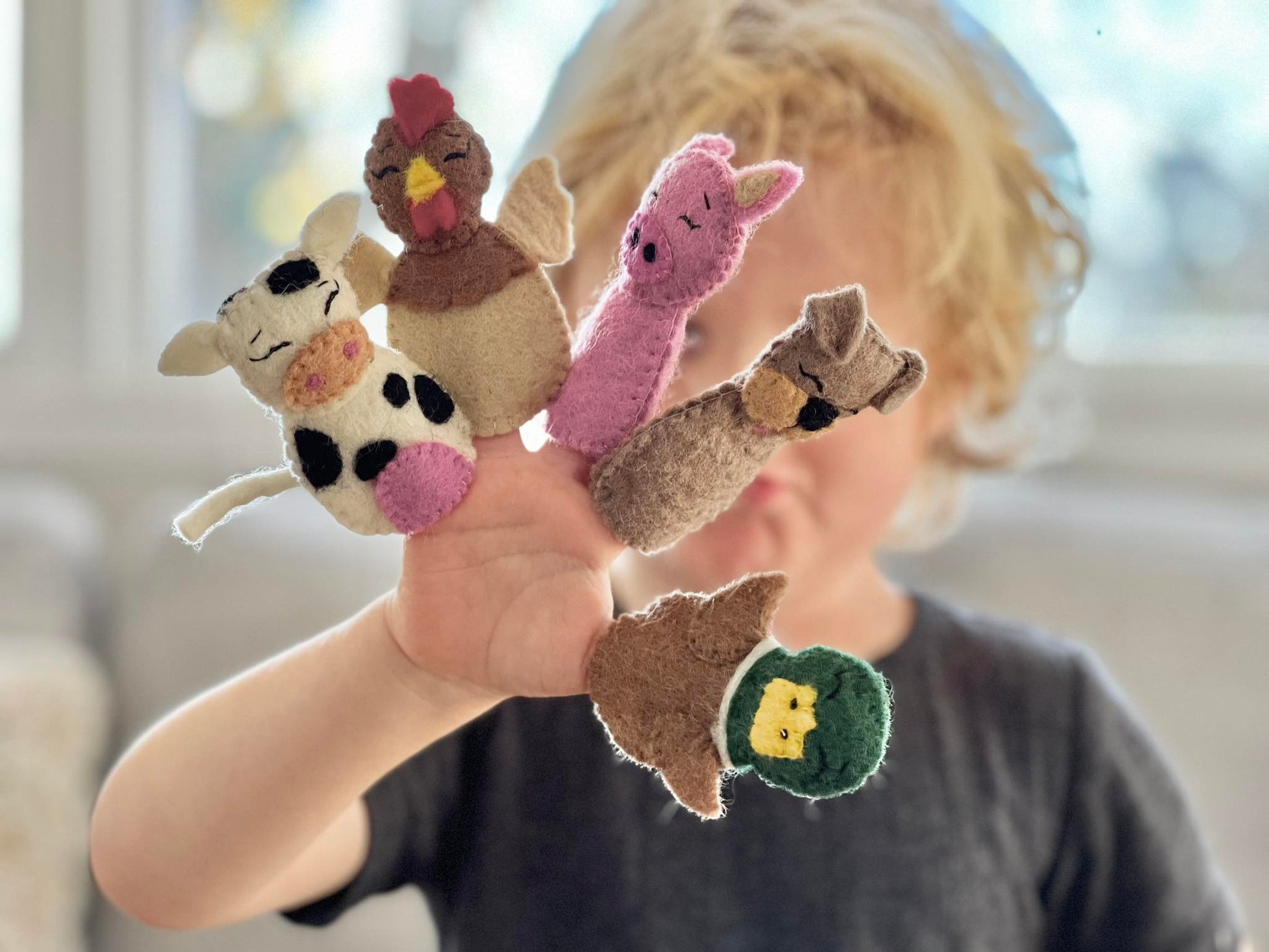 OLD MACDONALDS FARM FELT FINGER PUPPET TRACTOR BAG SET YOUNG BOY AND HANDFUL OF FARM PUPPETS