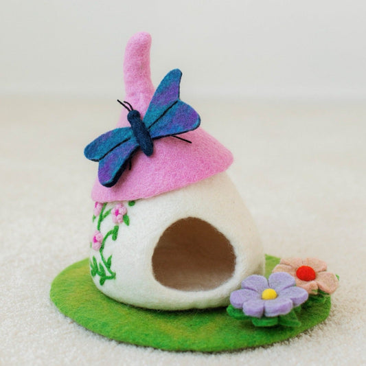 Felt Fairy House - White mushroom with pink cap. Blue butterfly and floral detail. Front view