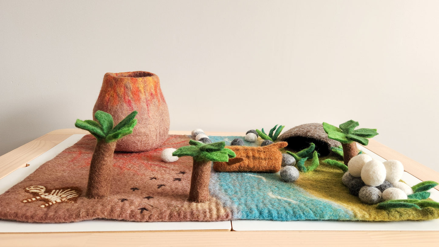 PREHISTROIC WORLD FELT PLAYMAT PLAYSCAPE DINOSAURS - FELTED VOLCANO AND DINOSAUR TOYS