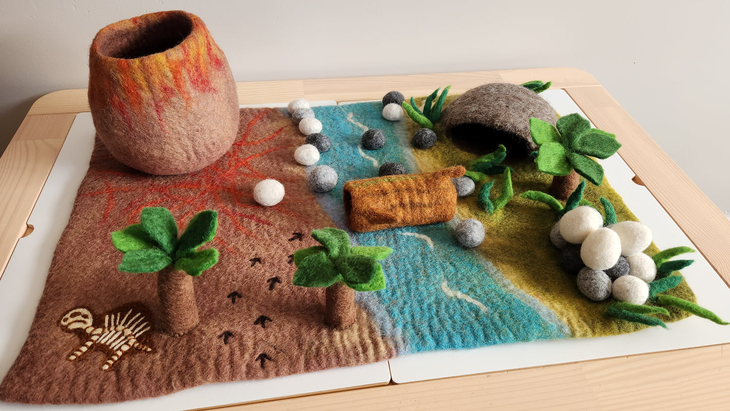 PREHISTROIC WORLD FELT PLAYMAT PLAYSCAPE DINOSAURS - FELTED VOLCANO AND DINOSAUR TOYS