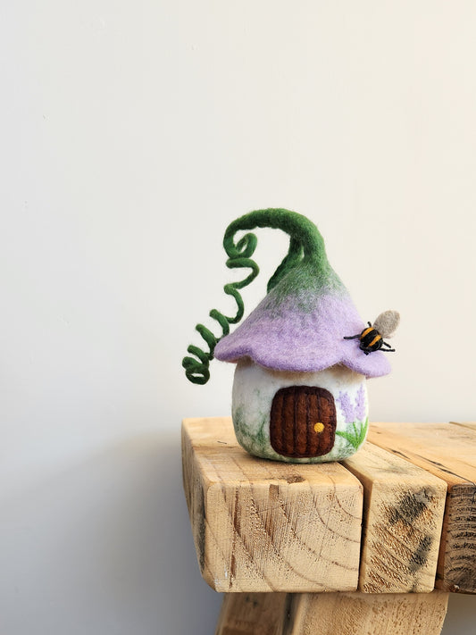 PURPLE BELLFLOWER FELT FAIRY HOUSE WITH LAVENDER DETAILING