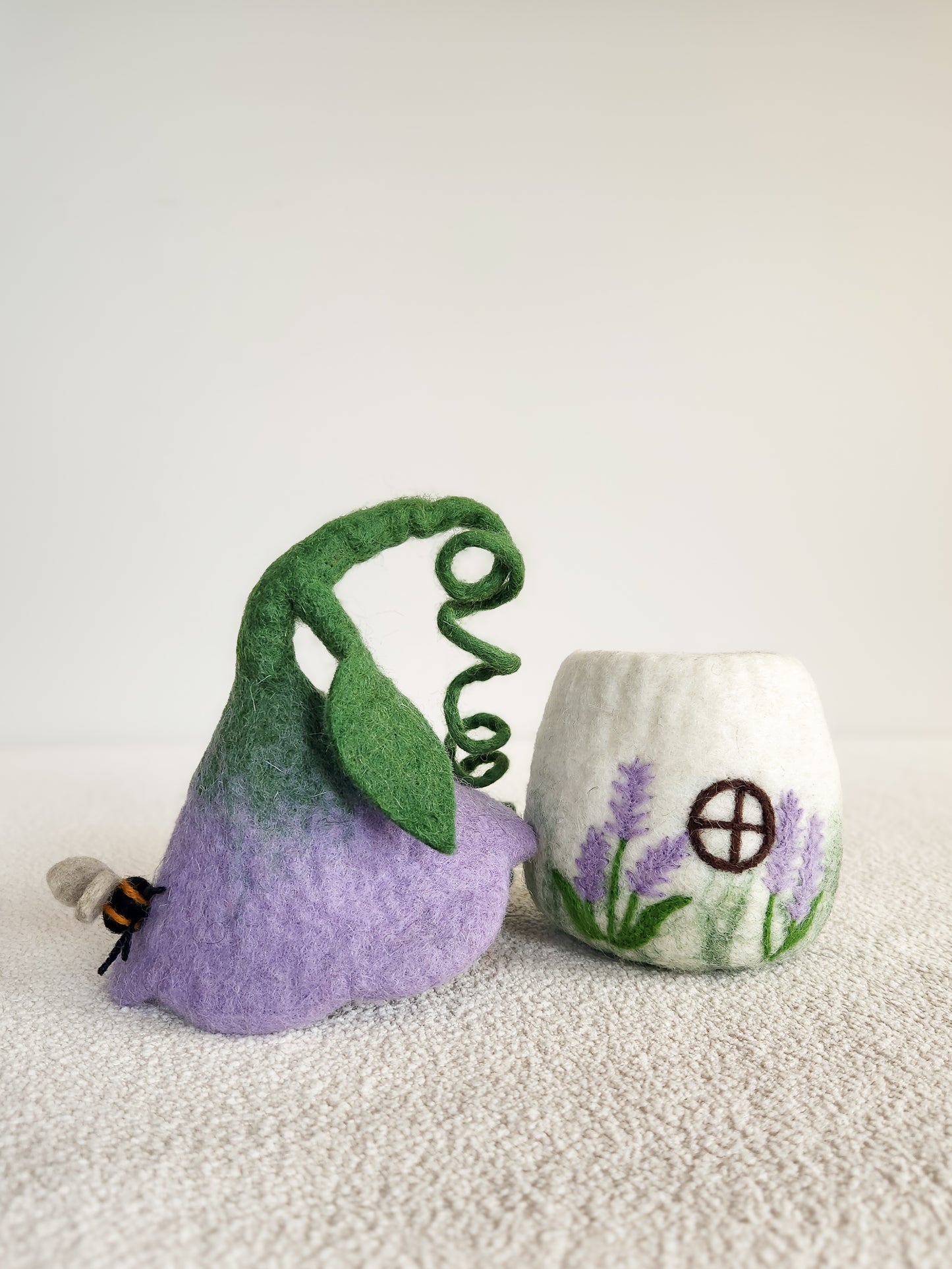 PURPLE BELLFLOWER BUNGALOW FELTED FAIRY HOUSE BACK VIEW WITH FLOWER TOP