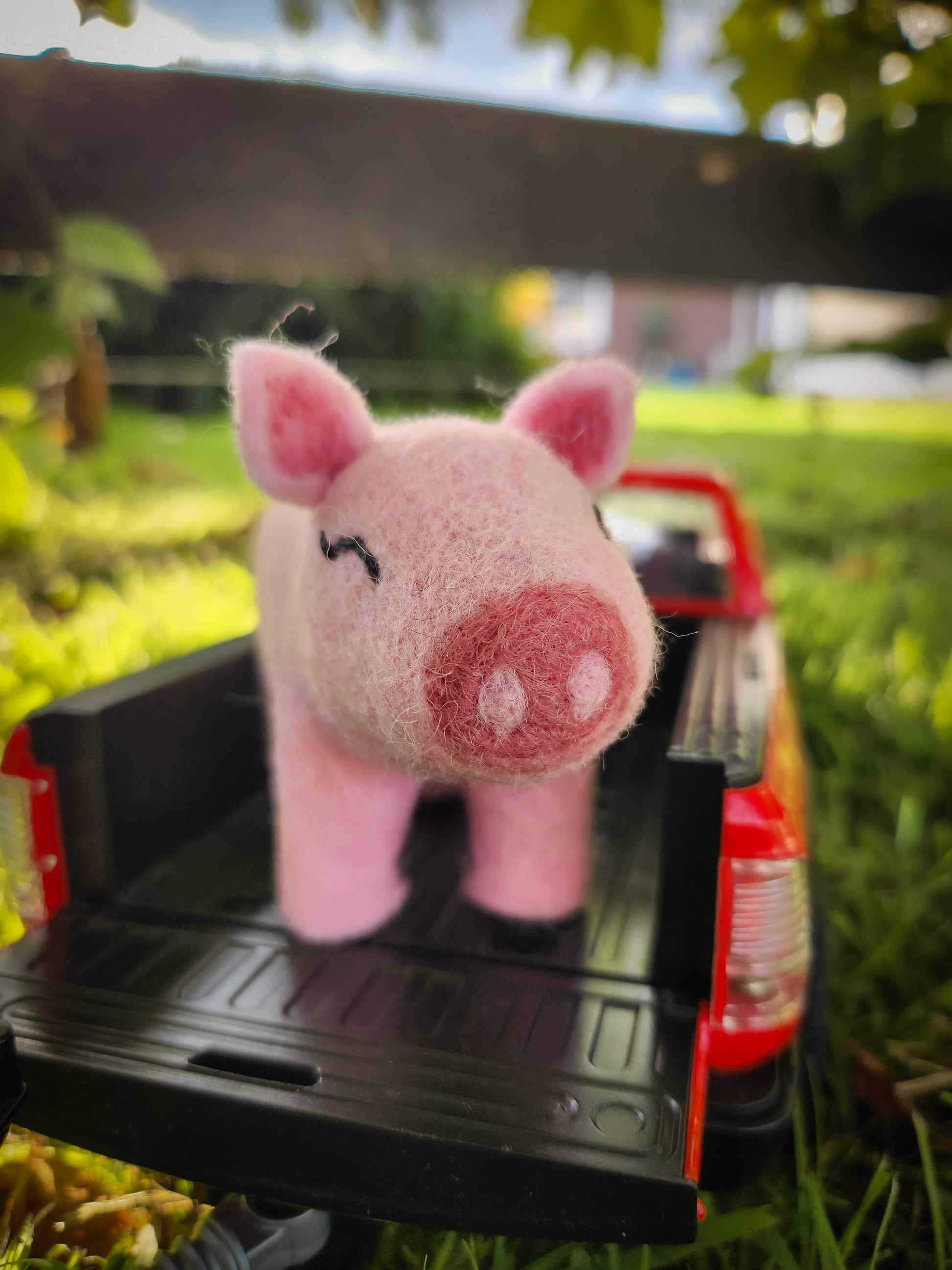 Pippa the Pig - Felt Toy Pig in back of red ute
