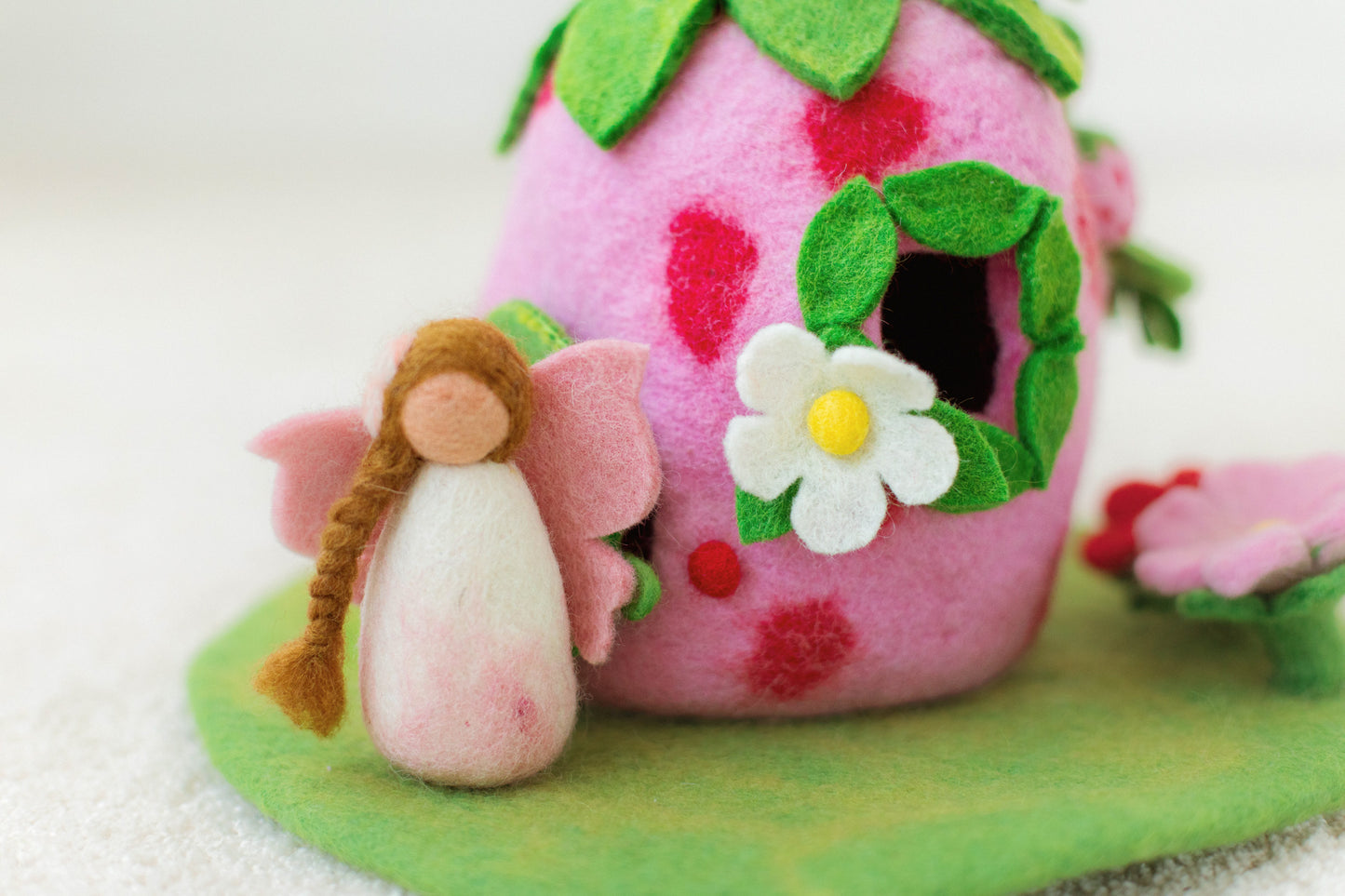 SPRING RAINBOW FAIRIES - CHERRY BLOSSOM PINK FELT FAIRY AND FELT FAIRY HOUSE
