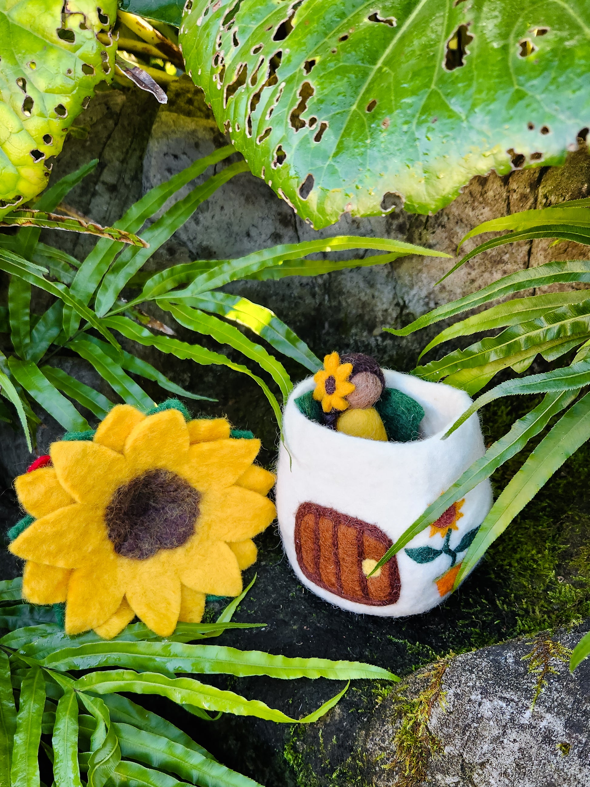 SUNFLOWER COTTAGE FELT FAIRY HOUSE WITH FELT SUNFLOWER FAIRY DOLL.