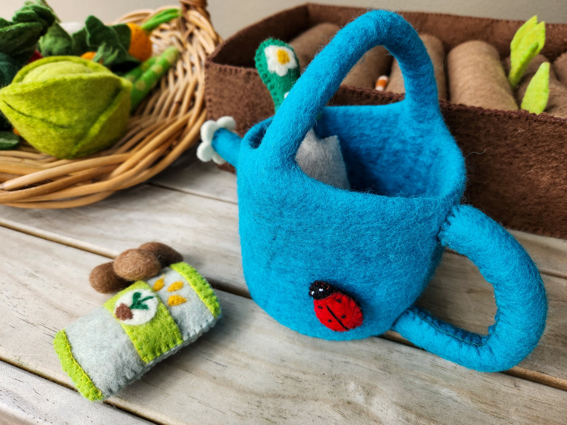 Wholesome Harvest Felted Garden Toy Set - Felt Seedling and Watering Can Set 5
