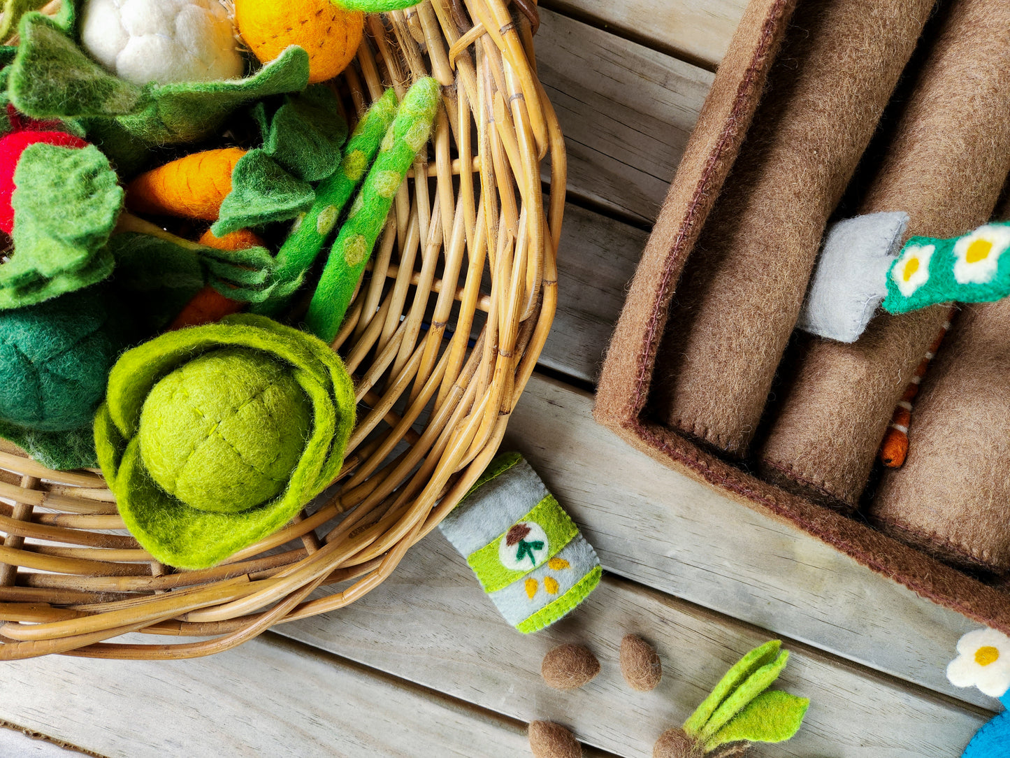 Wholesome Harvest Felted Garden Toy Set - Felt Seedling and Watering Can Set 6