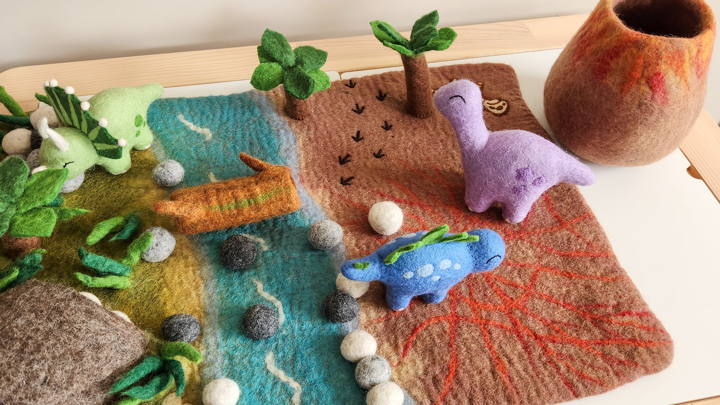 PREHISTROIC WORLD FELT PLAYMAT PLAYSCAPE DINOSAURS - FELTED VOLCANO AND DINOSAUR TOYS