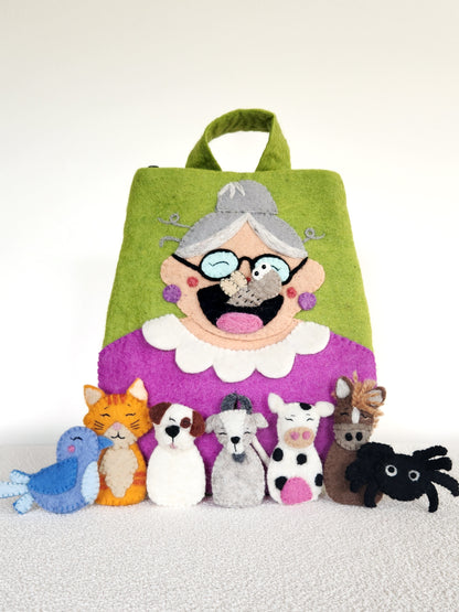 There Was an Old Lady Who Swallowed a Fly  - Old Lady Play Bag & Finger Puppet Set