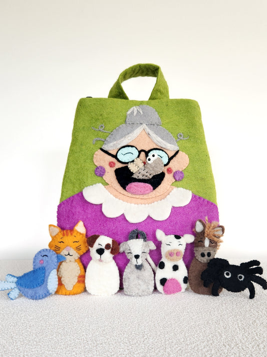 There Was an Old Lady Who Swallowed a Fly  - Old Lady Play Bag & Finger Puppet Set