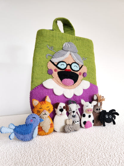 There Was an Old Lady Who Swallowed a Fly  - Old Lady Play Bag & Finger Puppet Set