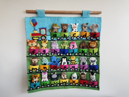 ABC ANIMAL TRAIN FELT FINGER PUPPET SET AND WALL HANGING