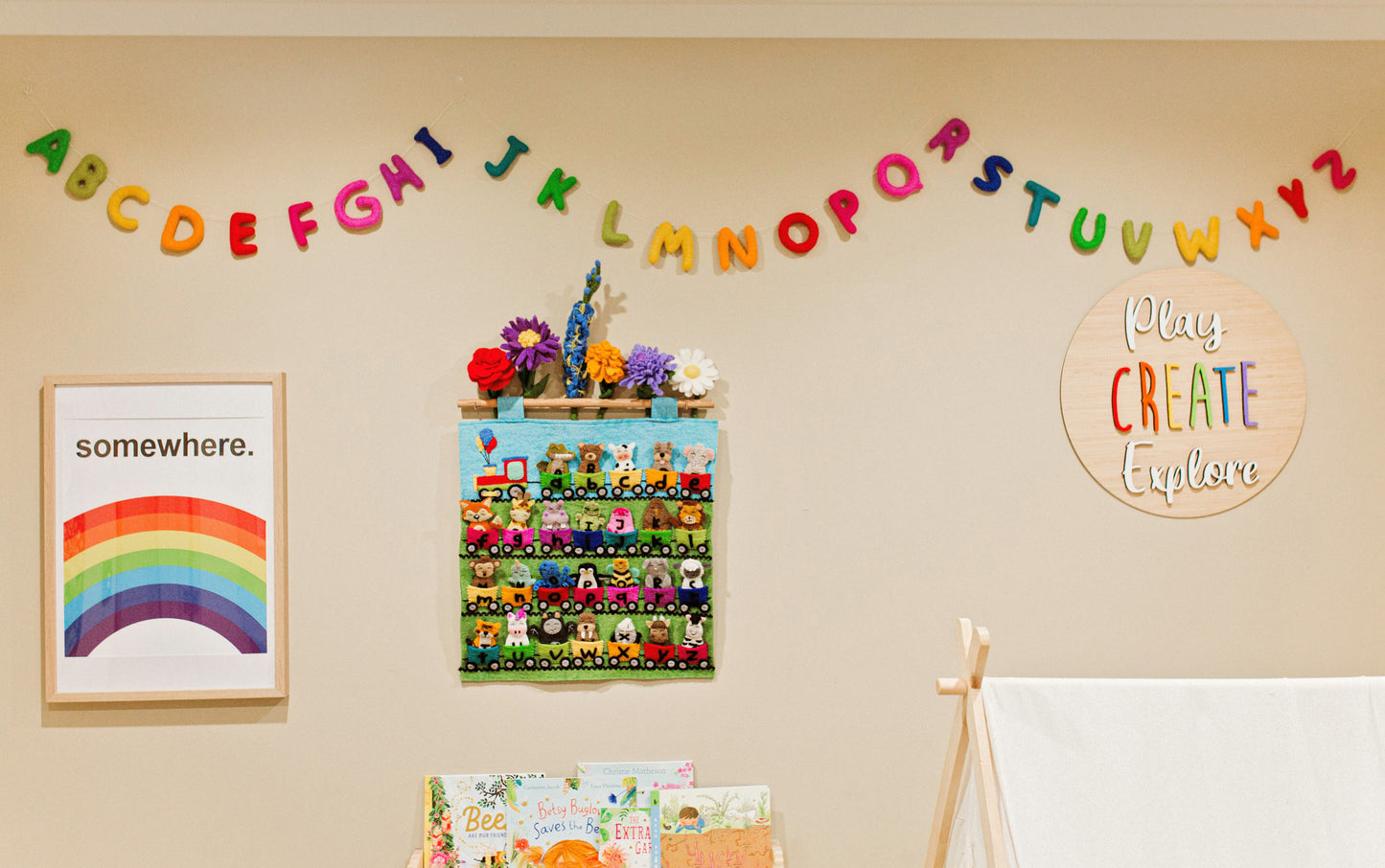 ABC ANIMAL TRAIN FELT FINGER PUPPET SET WALL HANGING WITH FELTED ALPHABET GARLAND IN TOY ROOM
