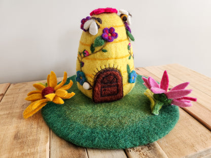 BEEHIVE FELT FAIRY HOUSE TOY FRONT VIEW WITH DOOR CLOSED