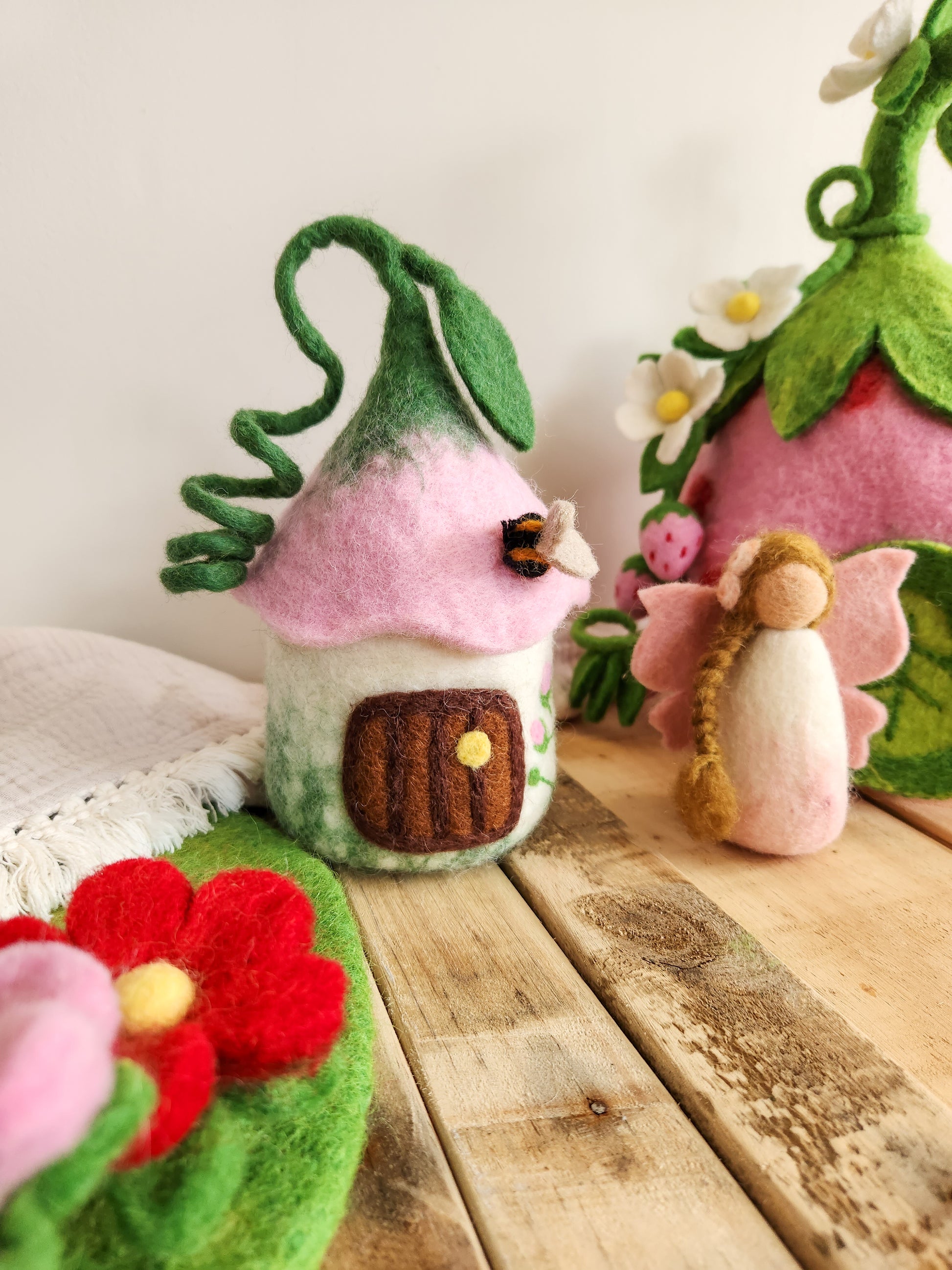 Bellflower Fairy House  - Small Wool Felt trinket bowl with pink flower roof and small bee