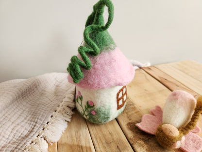 Felt Fairy House - side / back view and small Cherry Blossom Pink Fairy lying down