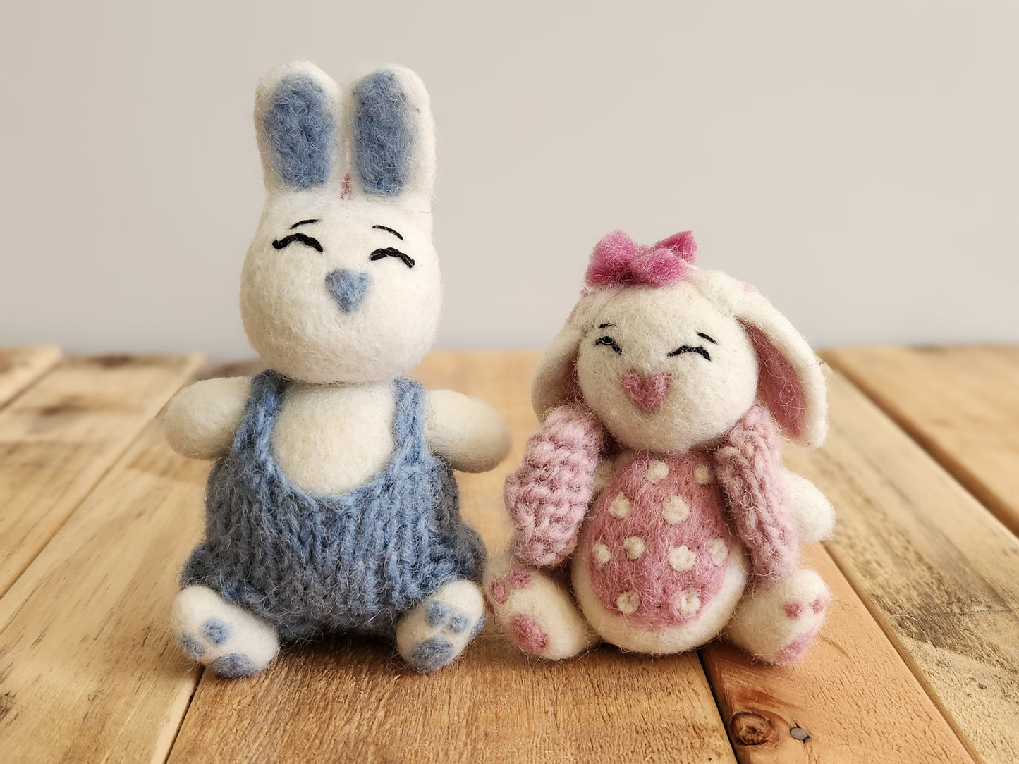 Felted bunny rabbit mini toys - White Bunny with pink/blue nose and knitted vest/overalls