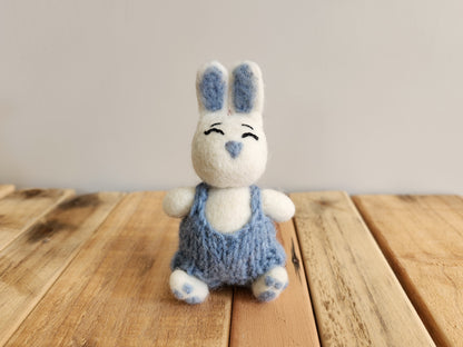 Felted bunny rabbit - White Bunny with blue nose, tummy and knitted overalls