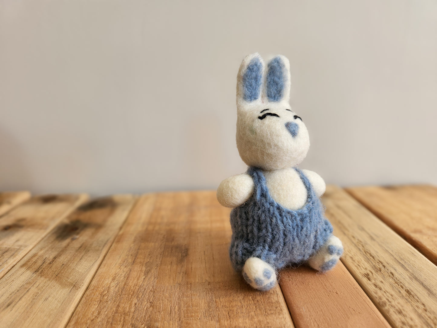 Felted bunny rabbit - White Bunny with blue nose, tummy and knitted overalls