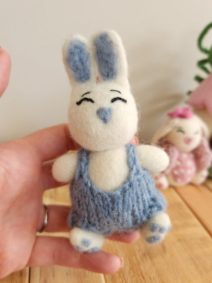 Felted bunny rabbit - White Bunny with blue nose, tummy and knitted overalls