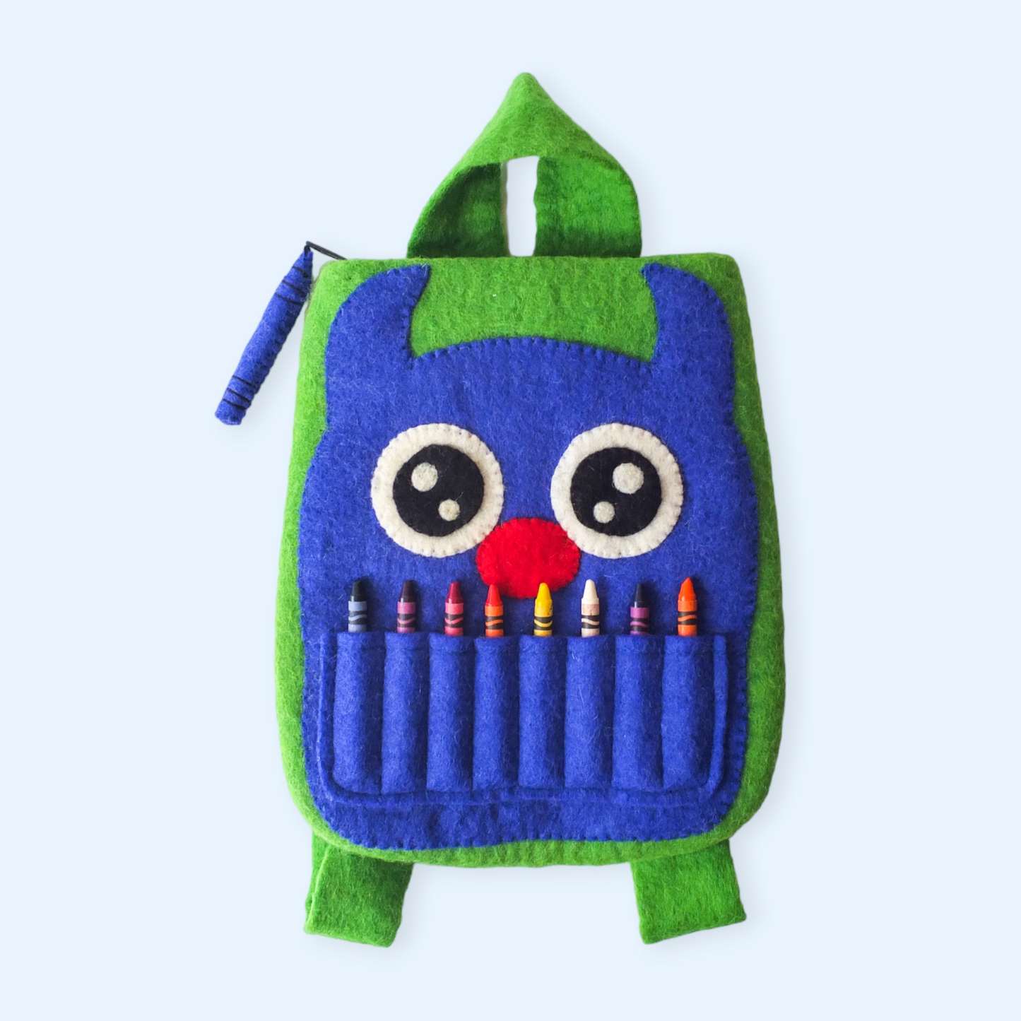 CUTE MONSTER FELTED CRAFT BAG - GREEN AND BLUE MONSTER WITH CRAYONS