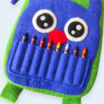 CUTE MONSTER FELTED CRAFT BAG CLOSE UP BLUE GREEN MONSTER BAG