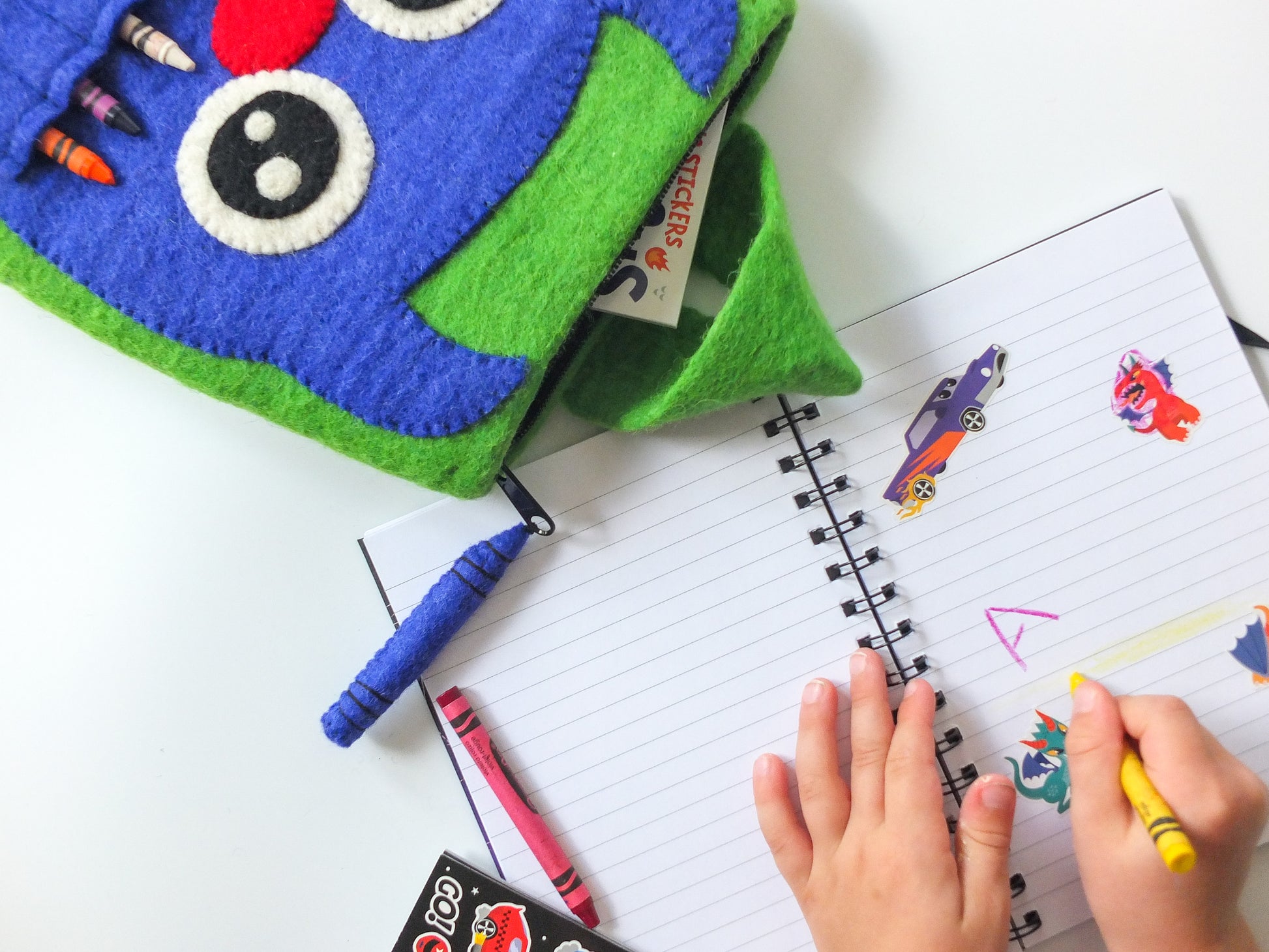 CUTE MONSTER FELTED CRAFT BAG BLUE GREEN BAG WITH YOUNG KID DRAWING 