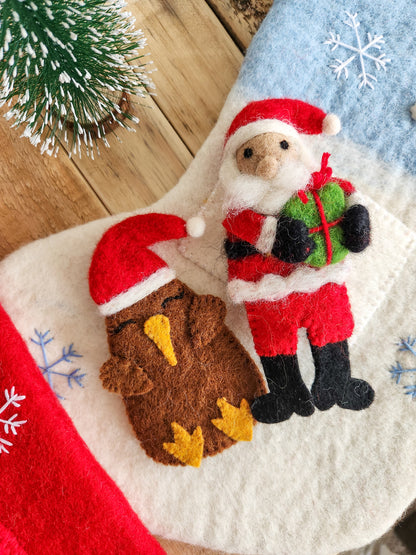 Christmas Kiwi and Classic Santa Finger Puppets on Winter Wonderland Felted Christmas Stocking