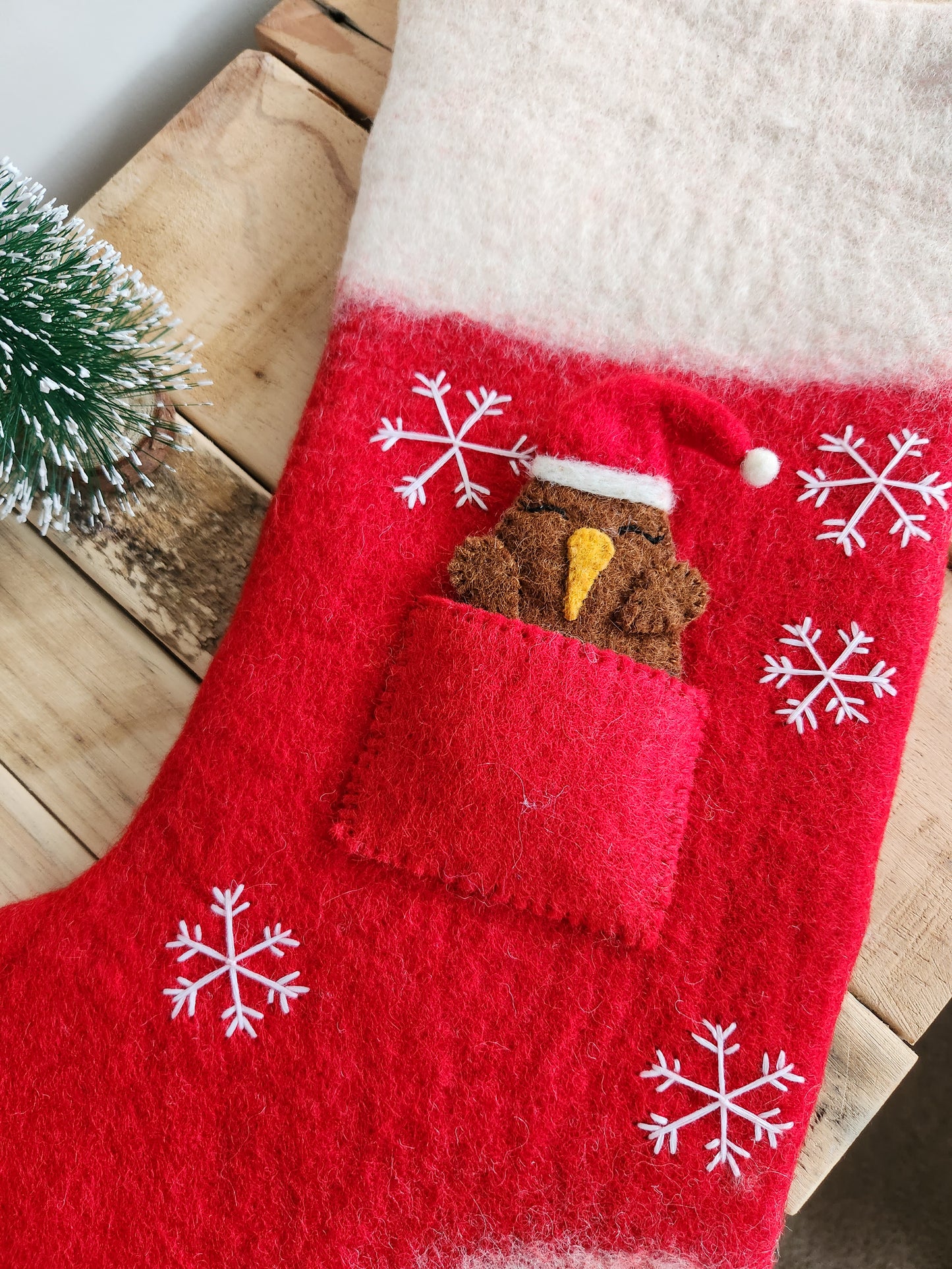 Classic Red Felted Christmas Stocking with Christmas Kiwi Finger Puppet