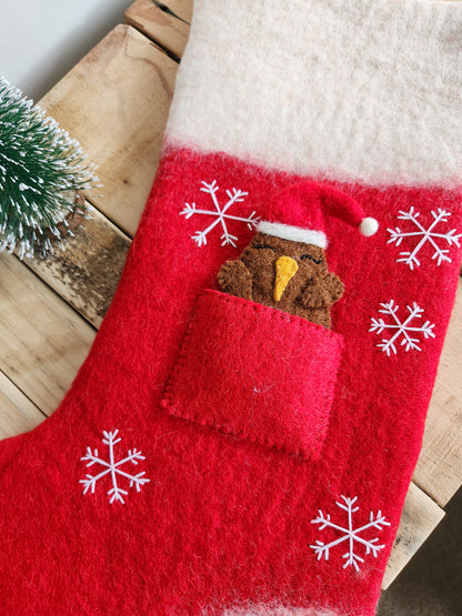 Classic Red Felted Christmas Stocking with Christmas Kiwi Finger Puppet