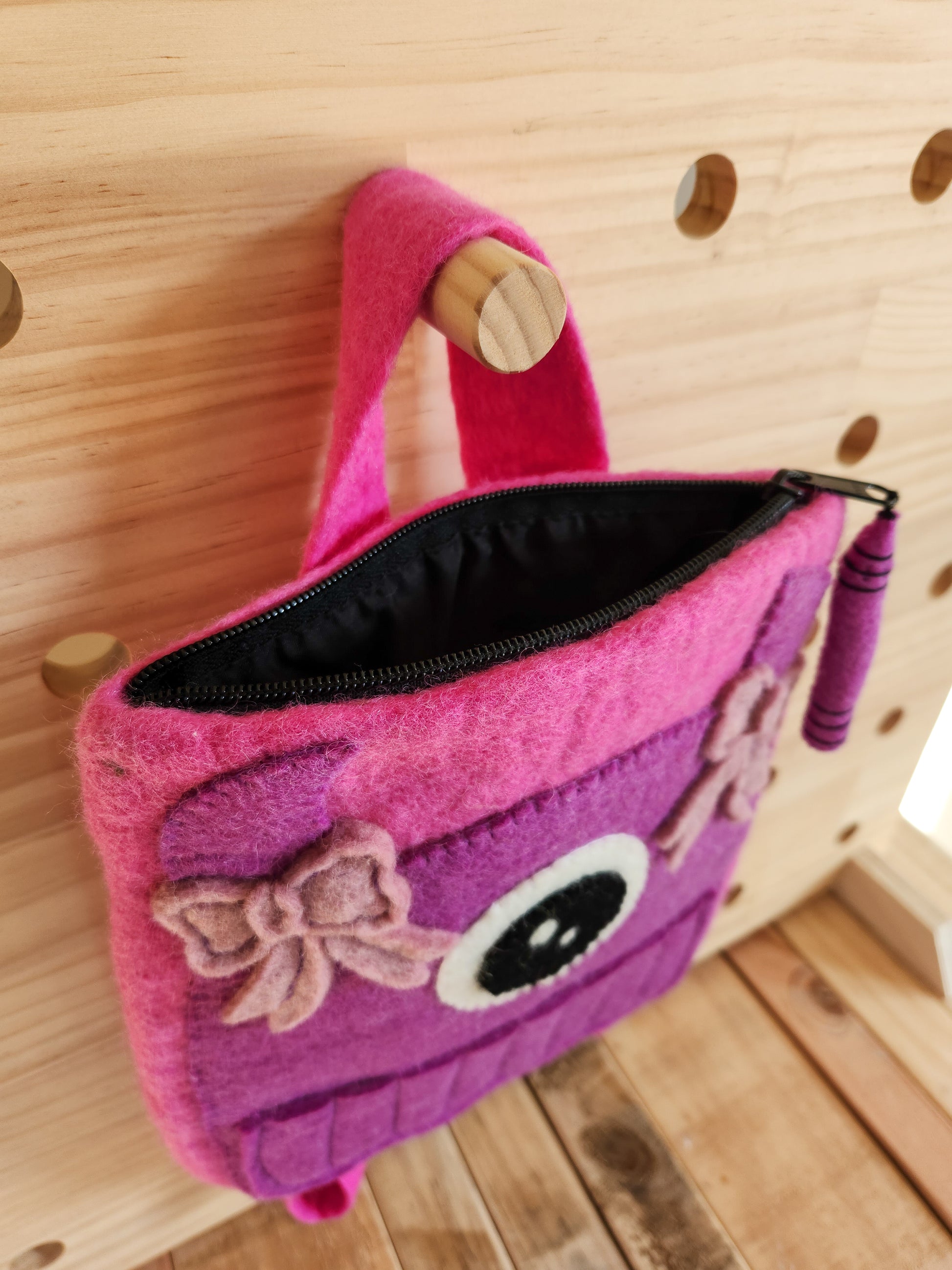 FELTED MONSTER CRAFT BAG - PINK PURPLE OPEN ZIPPER COTTON LINED PURPLE ZIPPER PULL