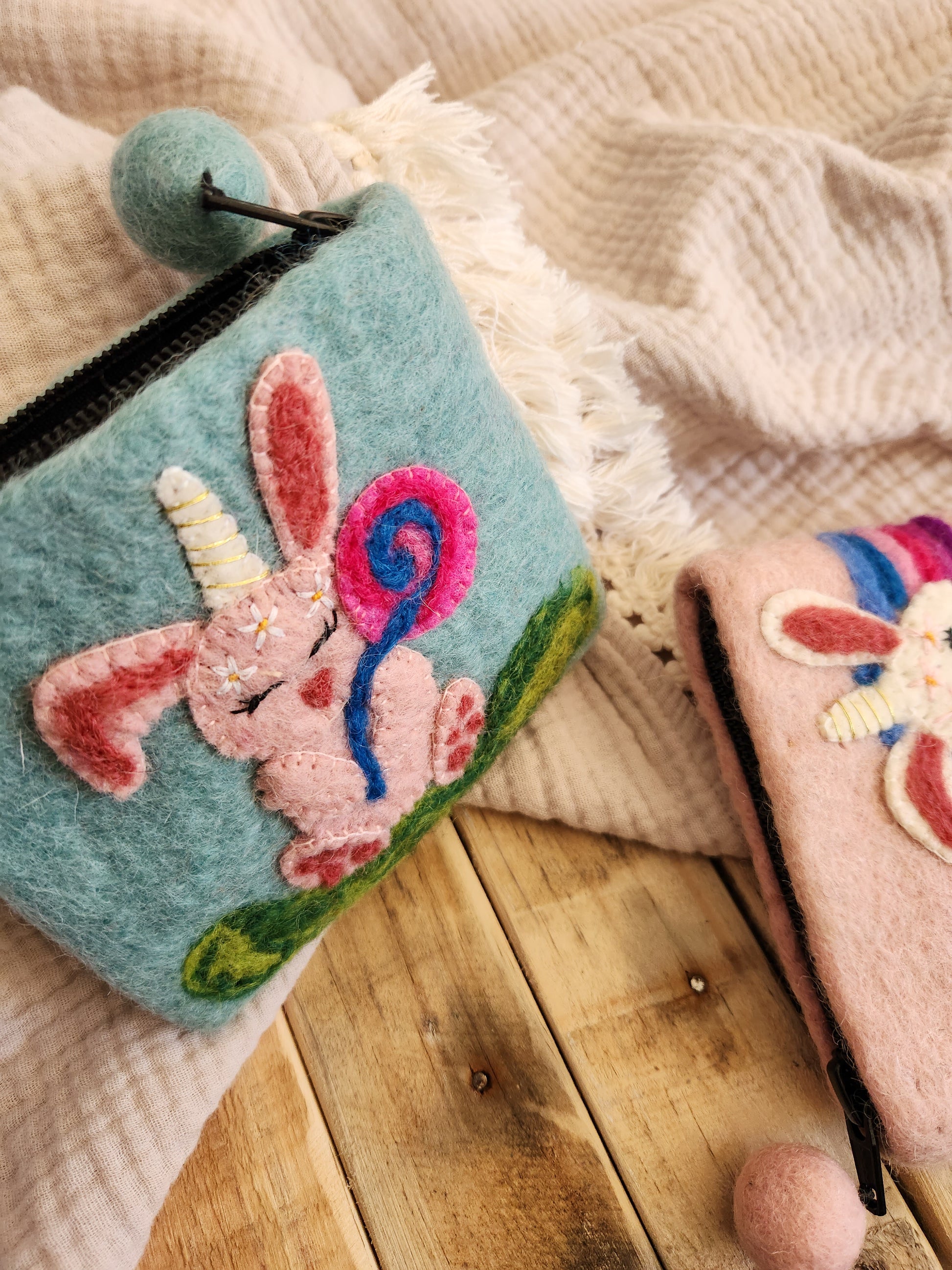 FELT BUNNY-UNICORN COIN PURSE BLUE PURSE WITH PINK BUNNY RABBIT/WITH HORN